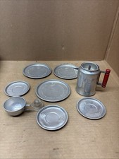 Vintage Little Bo Peep Toy Kitchen Aluminum Coffee Percolator, cup, saucers