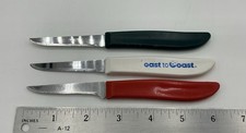 3 Vintage Paring Knives 1 Red Quikut & 1 Made in USA White Blue Stainless Knife