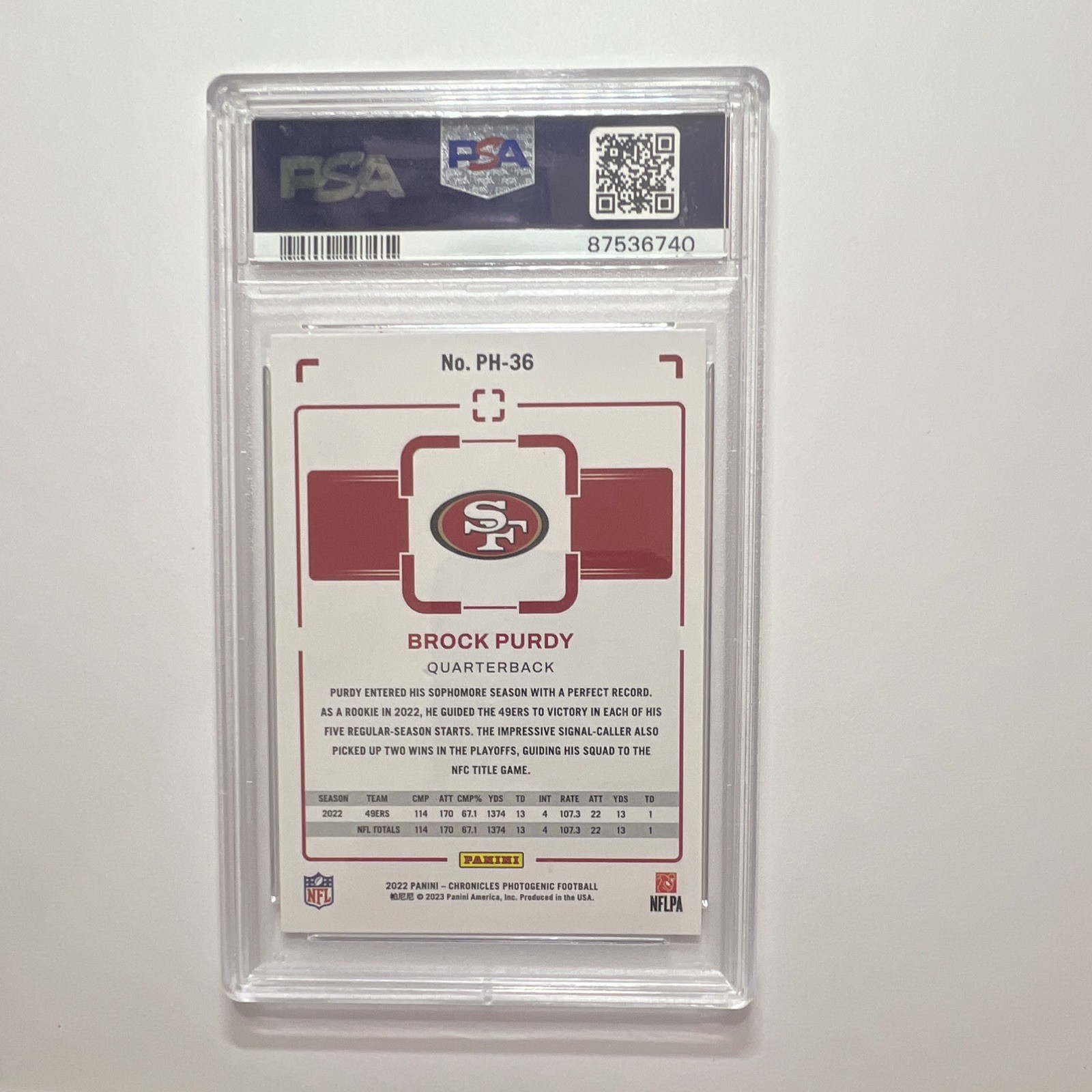 Panini 2022 Chronicles Photogenic Brock Purdy 49ers Pink RC #PH-36 PSA 9 view 2