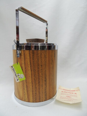 Vintage Kromex Happy Icer Chrome, Woodgrain, & Teak Ice Bucket Bar Barware MINTY