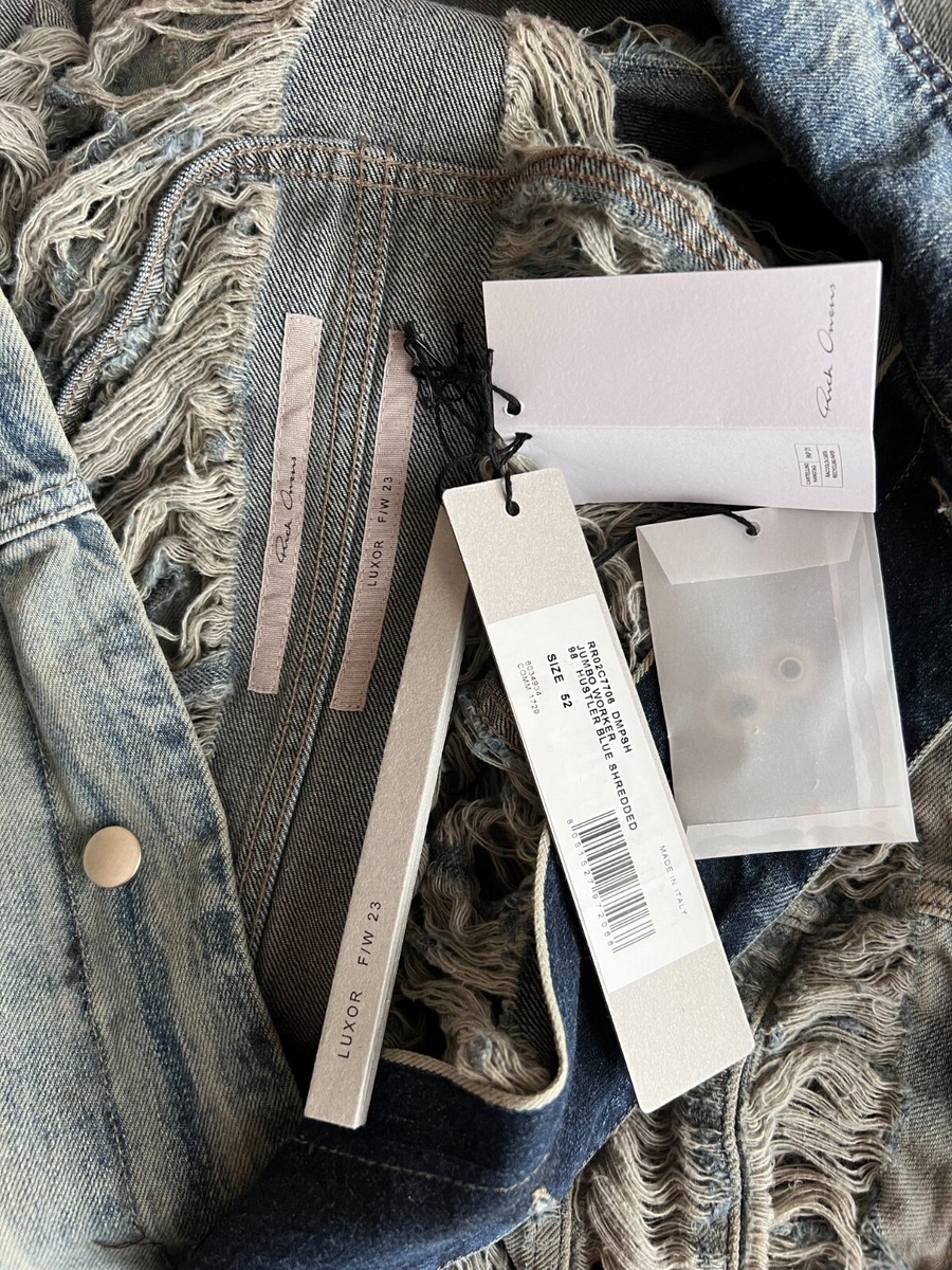 Rick Owens Luxor Jumbo Worker Shredded Denim Jacket - Size Rick Owens Luxor Jumbo Worker Shredded Denim Jacket - Size