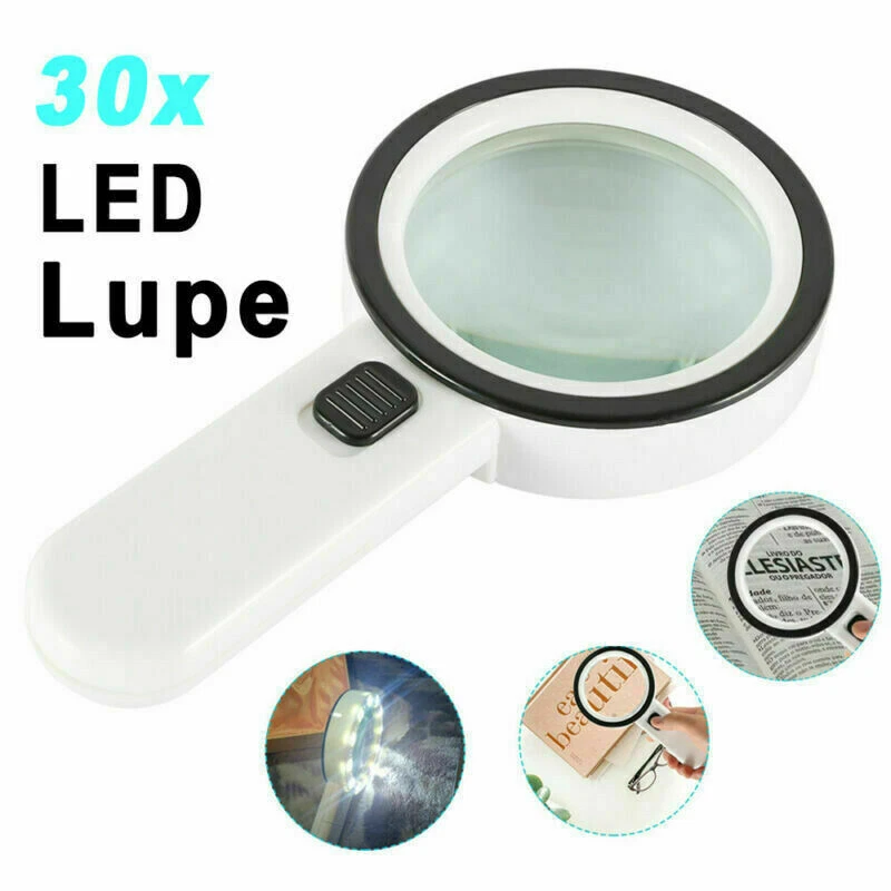 30X High Power Handheld Magnifying Glass Led Light Jumbo Illuminated Magnifier