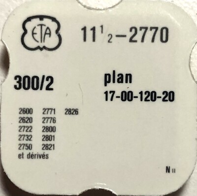 Eta Cal 2770 Ref 300 2 Vintage Watch Part Plan 17 00 1 2750 2752 Etc Ebay