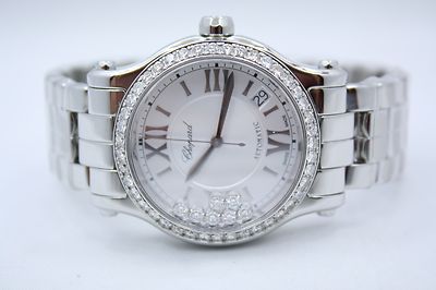 CHOPARD HAPPY SPORT ll ROUND AUTO STAINLESS DIAMOND ENCRUSTED WATCH 278559-3002
