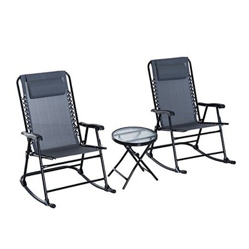 3 Piece Outdoor Rocking Bistro Set, Patio Folding Chair Gray W/ Coffee Table