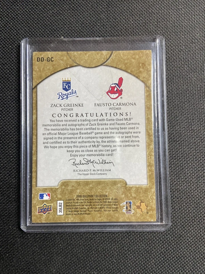 UD Ballpark Collection 2009 Zack Grienke Fausto Carmona juego doble usado automático/10 Foto 3 de 3