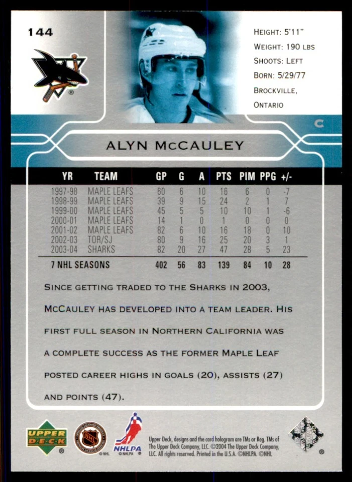 2004-05 Upper Deck Alyn McCauley San Jose Sharks #144 - Image 2 of 2