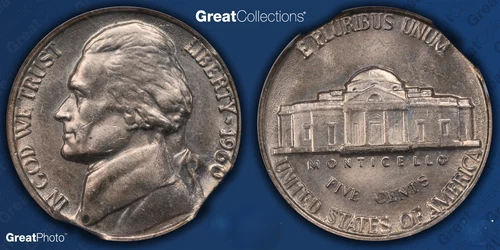 Mint Error 1960 Jefferson Nickel DOUBLE CURVED CLIPS - NGC MS64