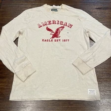 NWOT American Eagle Sz XS Felted Logo Graphic Tee Long Sleeve Cream Oatmeal