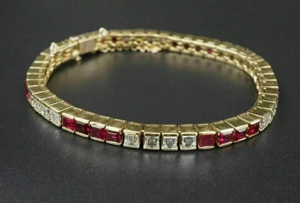 12 CT Princess Cut Ruby & Diamond Lab-Created Tennis Bracelet 14K Yellow Gold FN - Image 2 of 4