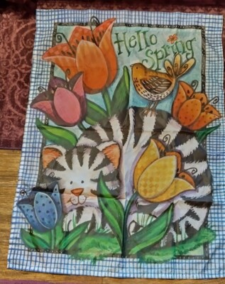 Flag Cat lover hello Spring Kitty  Made In USA novelty EASTER TULIPS
