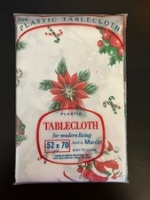 Vintage Christmas Santa Candy Cane Tablecloth MCM 52” X 70” Plastic Marcel NOS