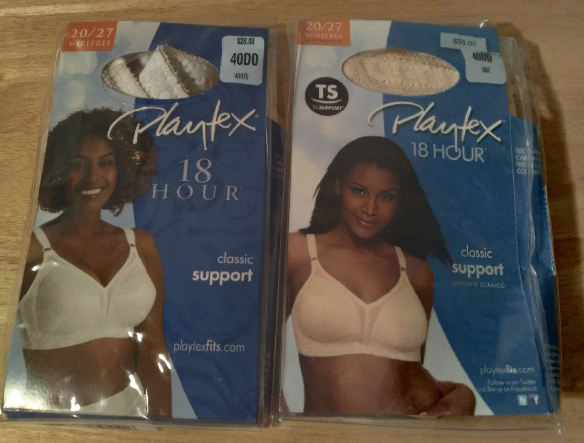 2 Playtex 18 Hour Wirefree 20/27 Classic Support Bras = White & Beige 40DD  New