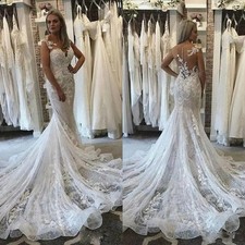 Slim Mermaid Wedding Dresses Sheer Neck Lace Appliques Bridal Gowns Illusion