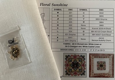 Just Nan Floral Sunshine Counted Cross Stitch Kit w/ Butterfly Charm, Beads, Lin