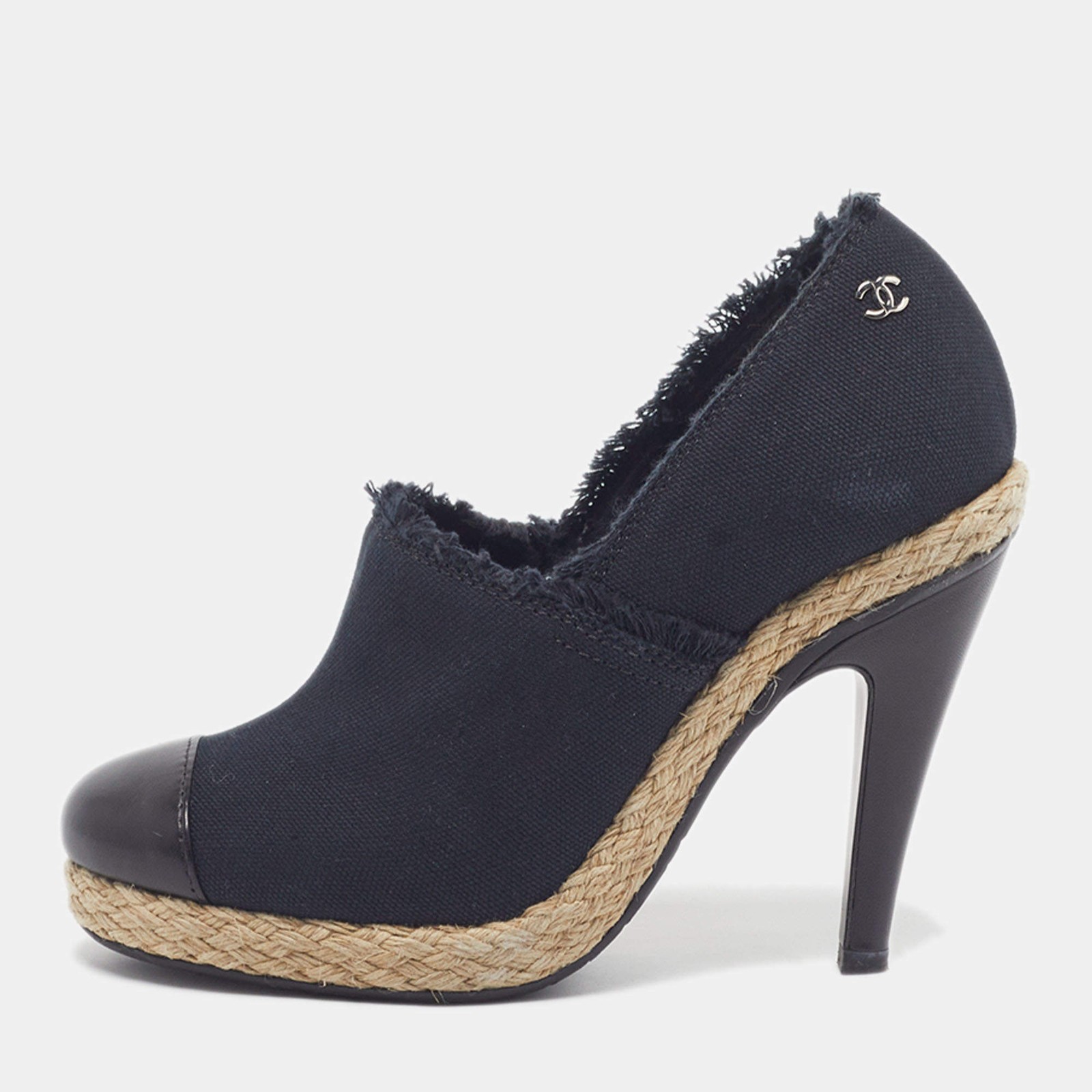 Chanel CC Cap Toe Size 36.5 Navy BlueBlack Canvas and Leather Booties