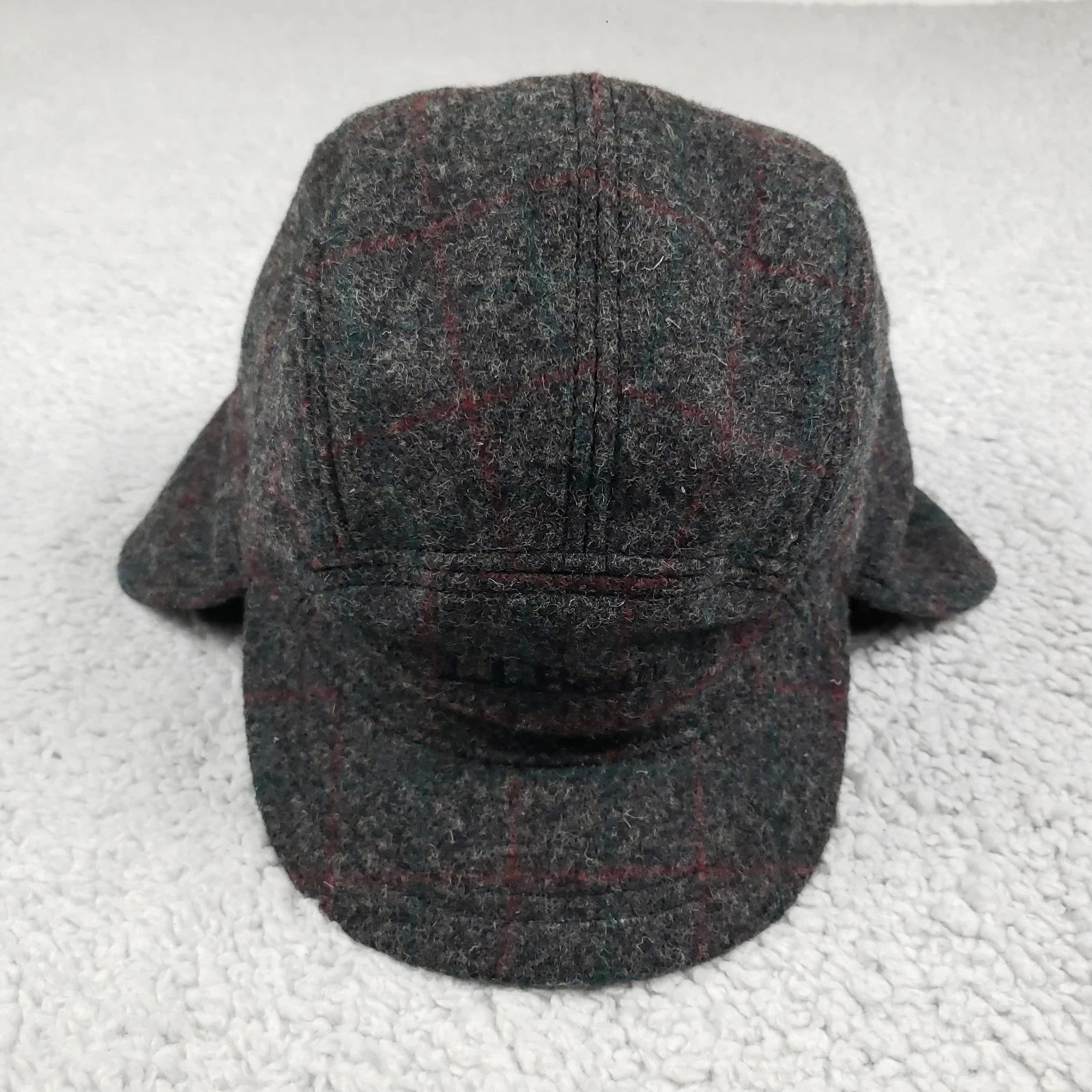 LL Bean Trapper Hat Cap Fitted Adult XL Gray Red Plaid Ear Flap Wool Blend