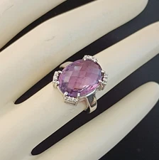 Vintage Silver Plated Amethyst Ring Faceted Oval Crystal Accents Timeless Gift
