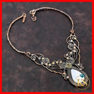 Copper Pear Rainbow Moonstone Stone Wife Wire Wrapped Flower Boho Chain Necklace