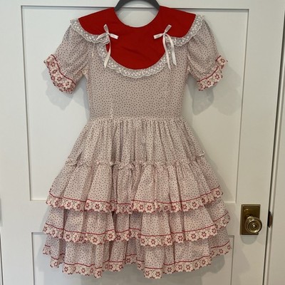 Vtg Frilly Full Circle Party Pageant Dress Tiered Ruffle Lace Red Hearts Sz 8