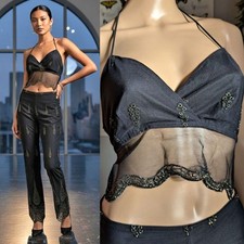 Vintage 1990s Kitty Halter Top 2 Piece Set Flare Pants Floral Gold Fairycore Y2K