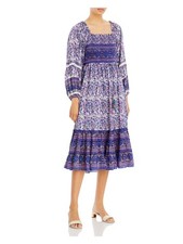 BELL Womens Blue Pullover Skirt Blouson Sleeve Midi Fit + Flare Dress S