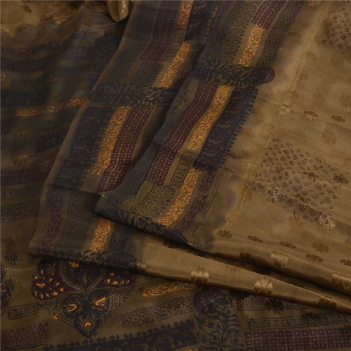 Sanskriti Vintage Sarees Brown Pure Crepe Silk Printed & Woven Sari 6Yd Fabric - Picture 2 of 12