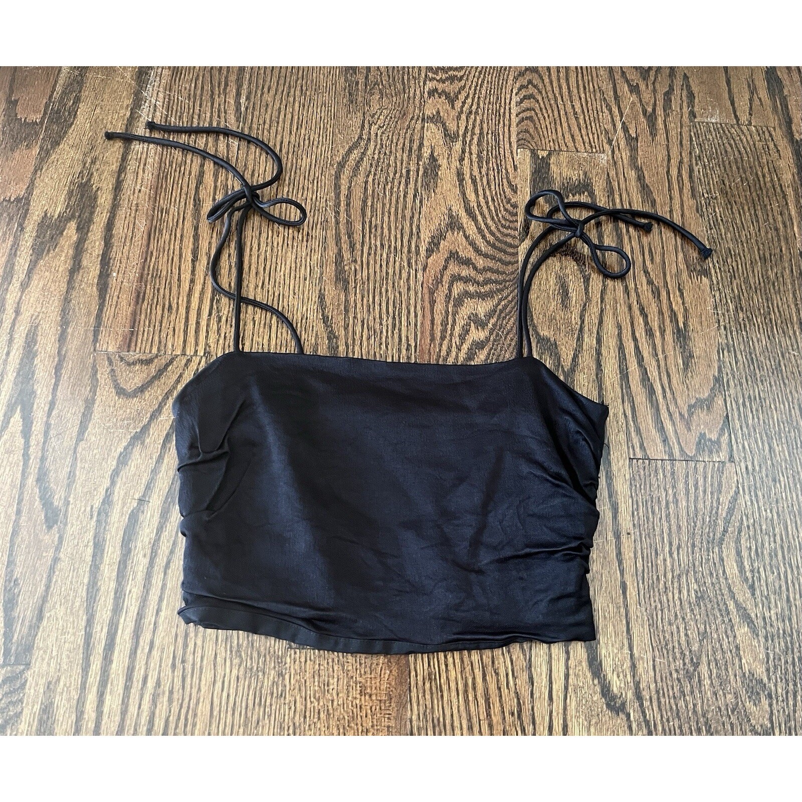 Zara women black satin crop top size S with bow ties on shoulders thumbnail 2