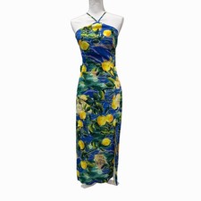 Sezane x Momoni Procida Linen Lemon Print Tie Back Midi Dress Side Slit NWT 6