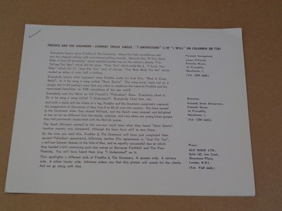 Freddie & Dreamers 1964 UK Agency Press Release