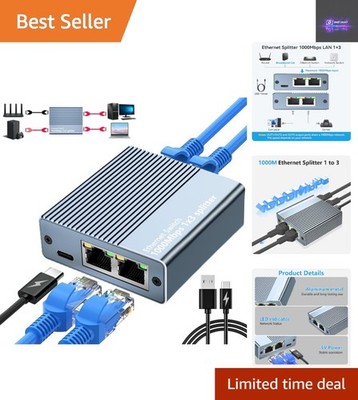 Durable 3-Port Ethernet Splitter with USB C Power   Reliable Internet Access