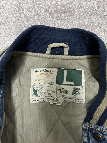 Vintage Wear Guard Bomber Varsity Jacket Blue Denim Tan Snap Up Insulated Large - Picture 7 of 14