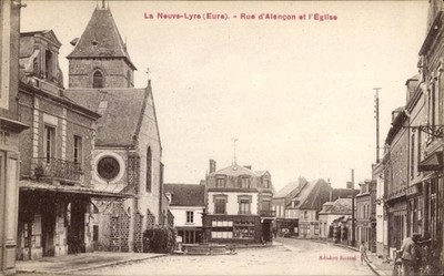 Ak La Neuve Lyre Eure, Rue d'Alençon, Kirche - 4758880