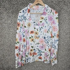 Crown & Ivy Top Womens XL White Floral Print V Neck Long Sleeve Blouse Ladies