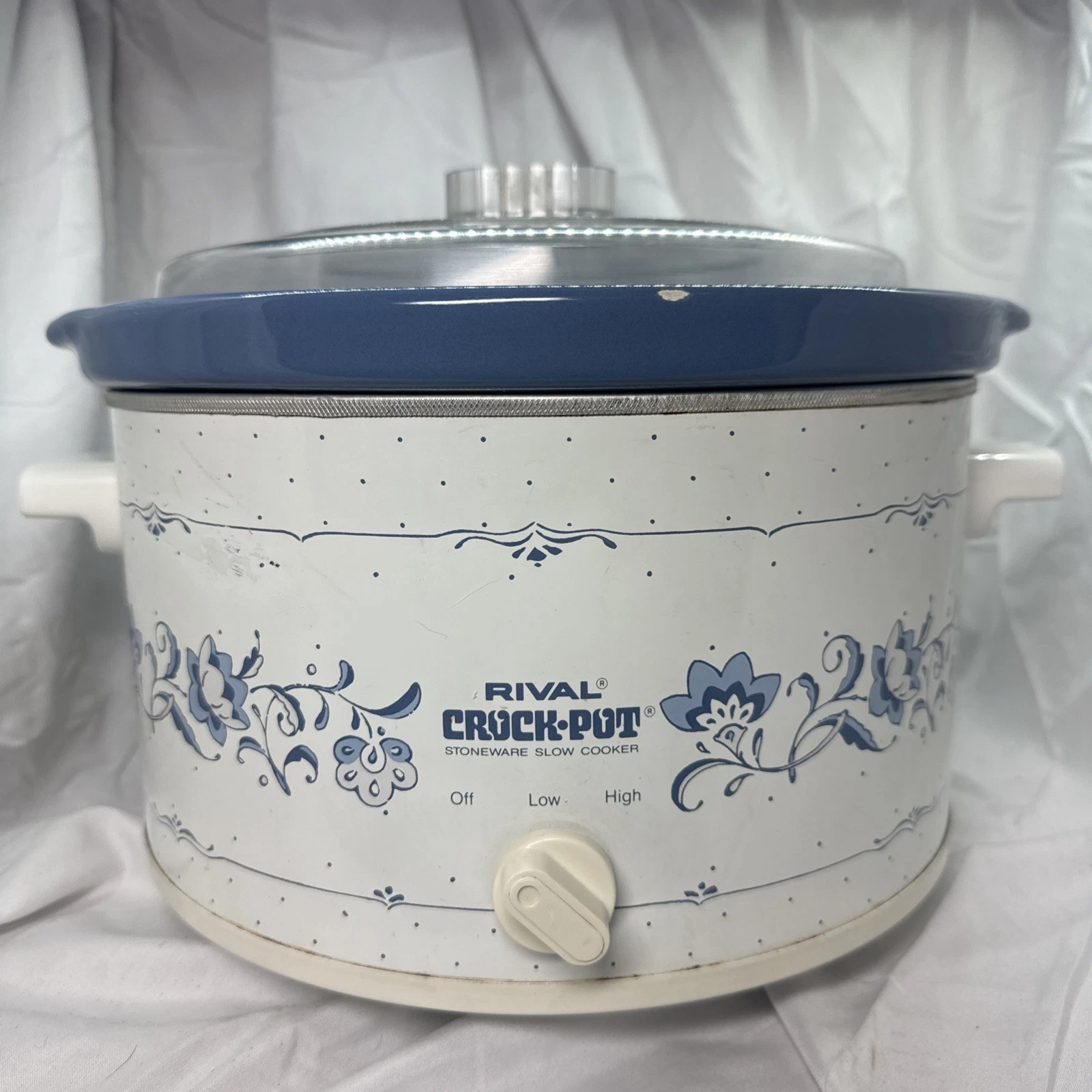 Vintage Rival Crock Pot Slow Cooker Blue White Stoneware Model 3355