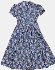 Vintage Laura Ashley Blue Floral Rose Pleated Tea Dress Cotton Great Britain NWT