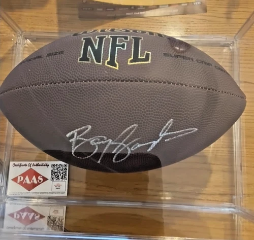 BARRY SANDERS AUTOGRAPHED FULL SIZE FOOTBALL P.A.A.S. CERT COA & A NICE DISPLAY