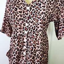 Women s Pink Leopard Animal Print V-Neck Button Front 3/4 Sleeve Midi Dress M