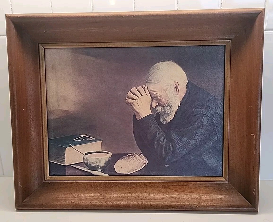 Vintage "Grace" Old Man Praying Picture Wood Framed Eric Enstrom Bovey