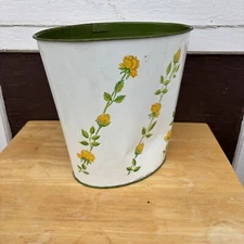 Vintage JV Reed & Co Metal Trash Can 9” Bin Green White Roses 60s USA Floral