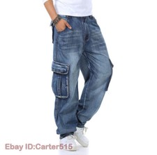 Men Hip-Hop Jeans Denim Cargo Pants Baggy Loose Trouser Skateboard Pocket Casual