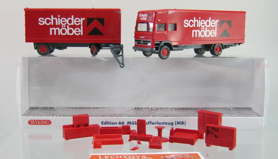 Wiking 1:87, Mercedes 1620 Möbelkoffer Schieder Möbel + rote Möbel Werbemodell