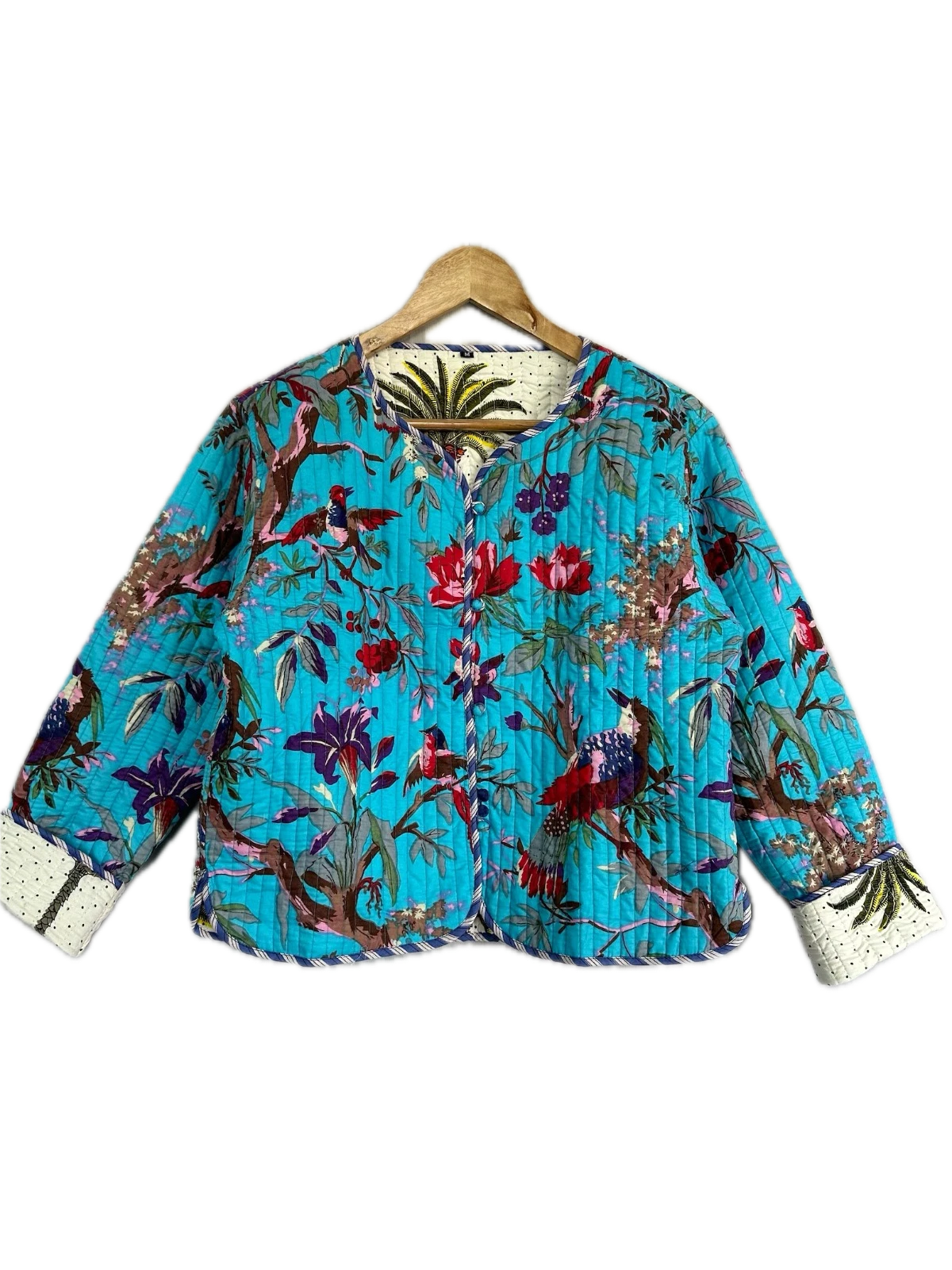 Indian Turquoise Bird Cotton Quilted Unisex Jacket Women's Clothing Jacket AU