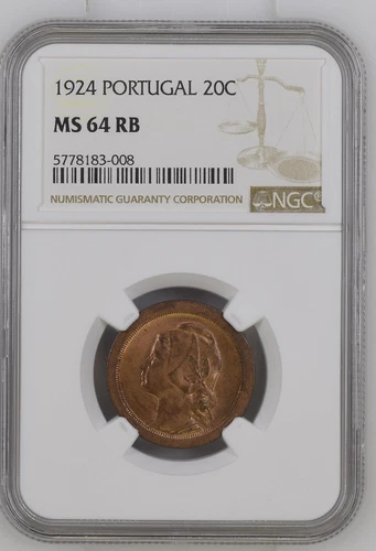 Portugal: RED BROWN 20 centavos 1924 NGC MS64 RB