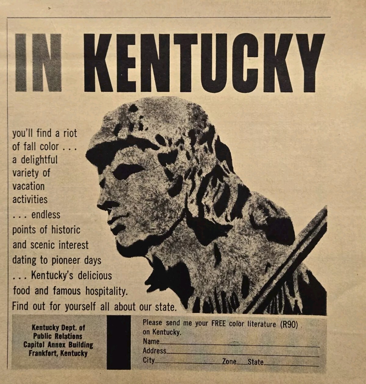 Kentucky Tourism Daniel Boone Coonskin Cap Long Rifle Vintage Print Ad 1960