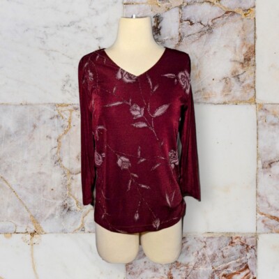 FASHION BUG Rose Blouse Top Floral 3/4 Sleeves GOLD SPARKLES Burgundy Sz Small 
