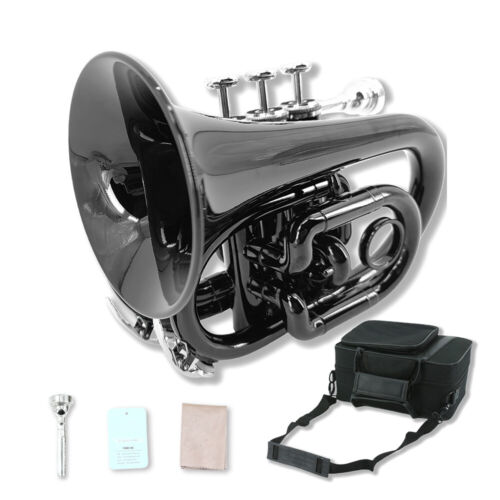 Black Bb Pocket Trumpet Brass Lacquer Trumpet 7C Mouthpiece, Hard Case,Strap - Picture 2 of 11