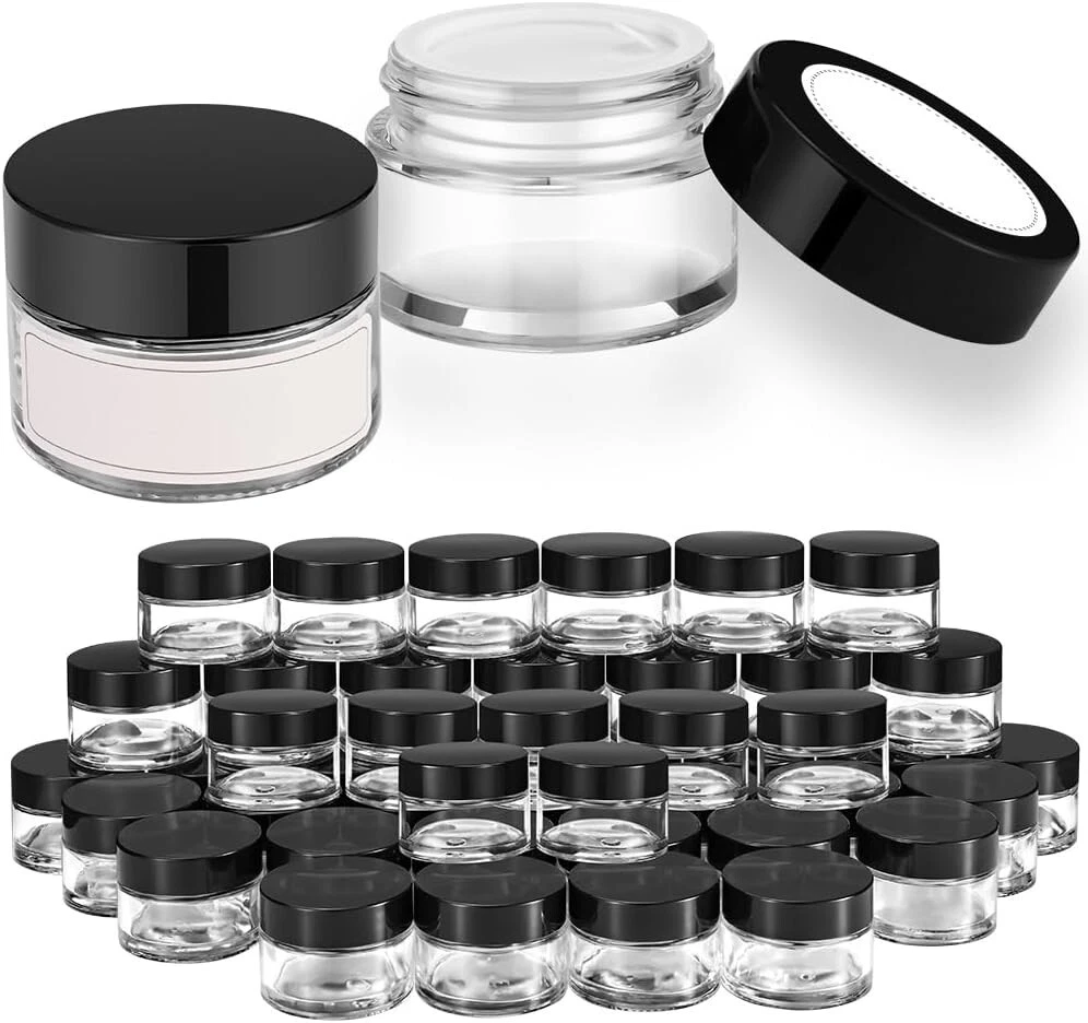 1 oz Small Glass Jars, Bumobum 48 pack Empty Round Clear Jars with Black Lids, W