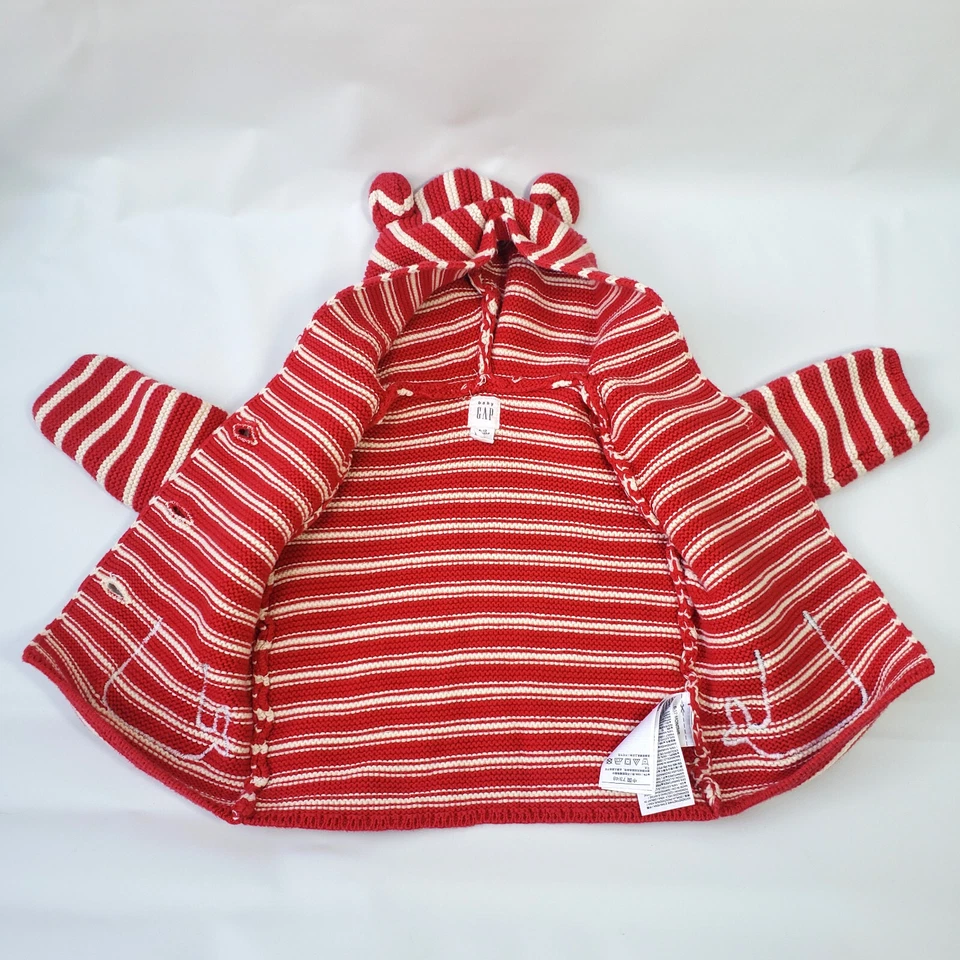 Chaqueta Suéter Tejido Bebé Gap 6-12 Meses Bolsillo Ballena Rojo Blanco Rayas Capucha Oreja Foto 2 de 4