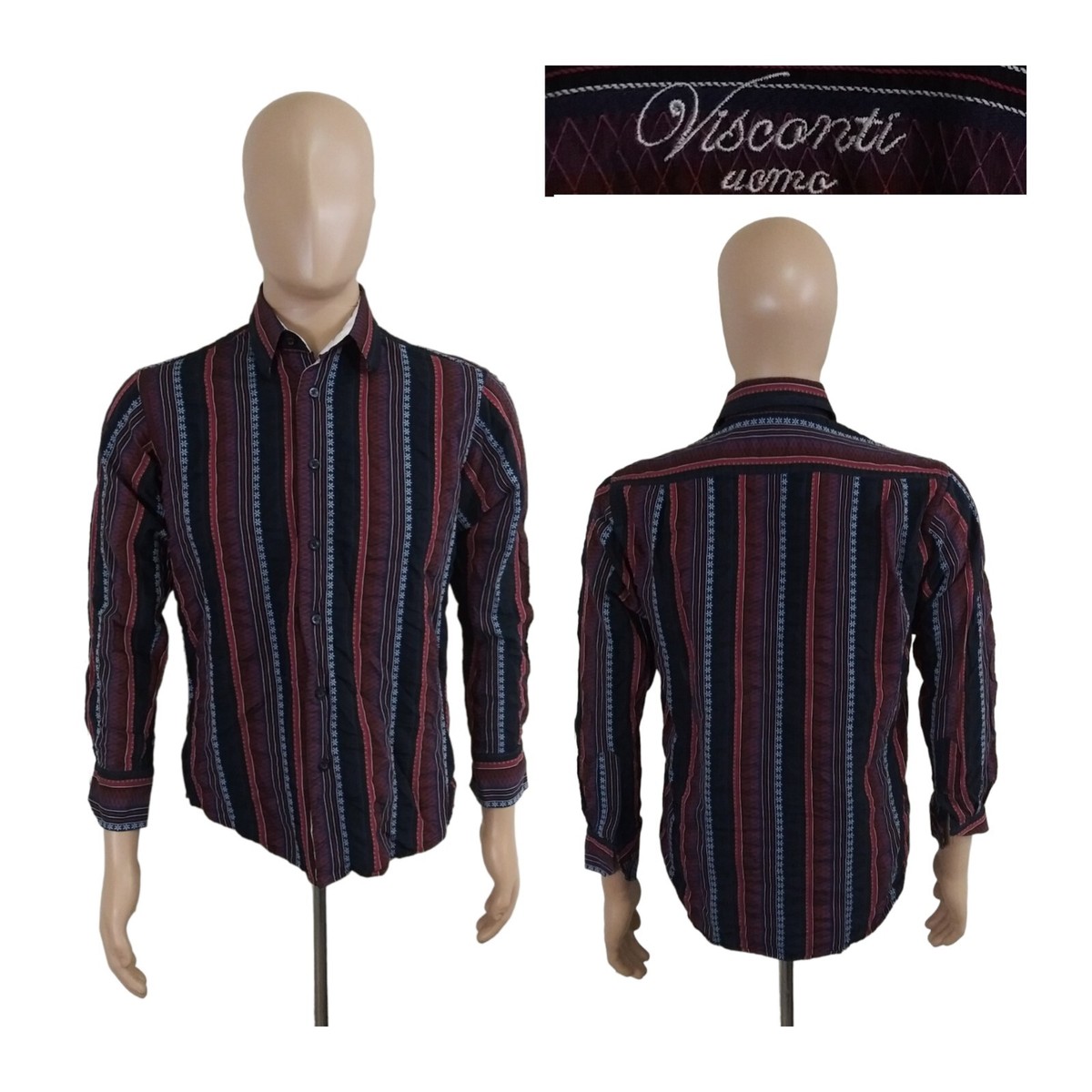 Visconti Uomo Floral Colorblock Stripe Long Sleeve Button Blue Red